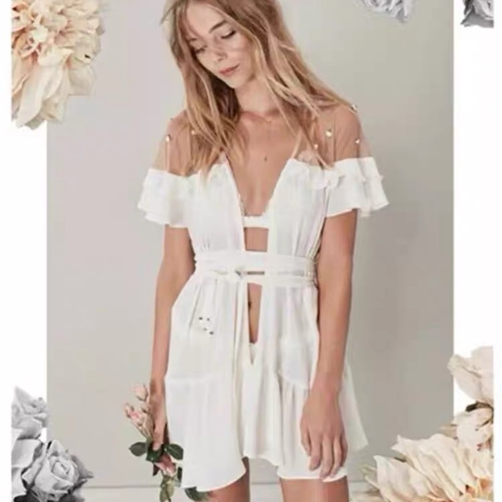 RARE！For Love & Lemons Mesh Shoulders Rosettes Wrap Mini Dress